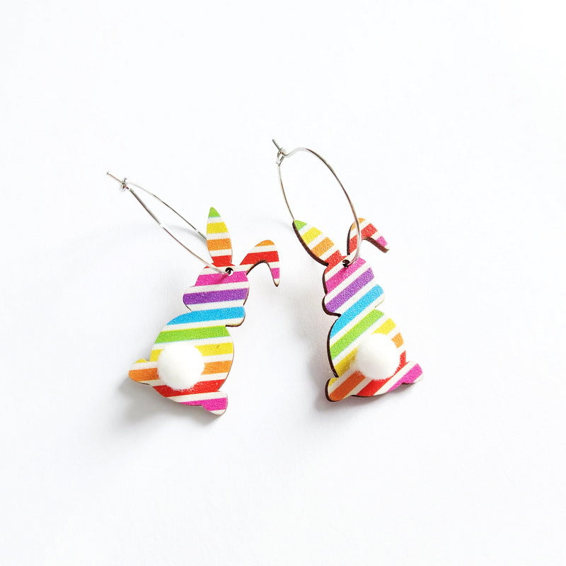 Wholesale Easter cute print spring flowers leopard print egg fur ball tail rabbit earrings